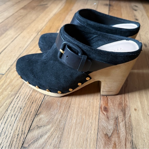 Veronica Beard Black Suede Studded Wooden Clog Mules - Picture 6 of 8